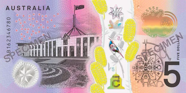 Australian five dollar note back featuring Parliament House Canberra