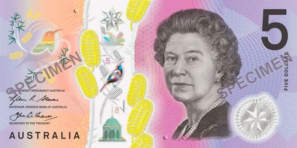 Australian five dollar note front featuring Queen Elizabeth II