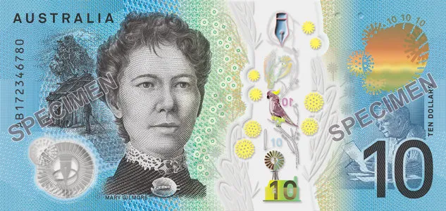 Australian ten dollar note back featuring Dame Mary Gilmore