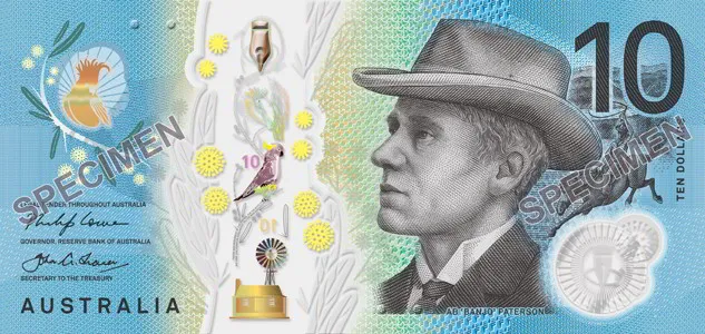 Australian ten dollar note front featuring Banjo Paterson