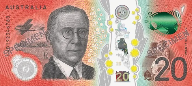 Australian twenty dollar note back featuring Reverend John Flynn