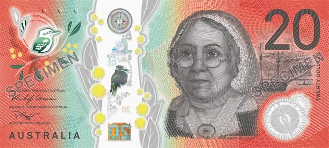Australian twenty dollar note front featuring Mary Reibey
