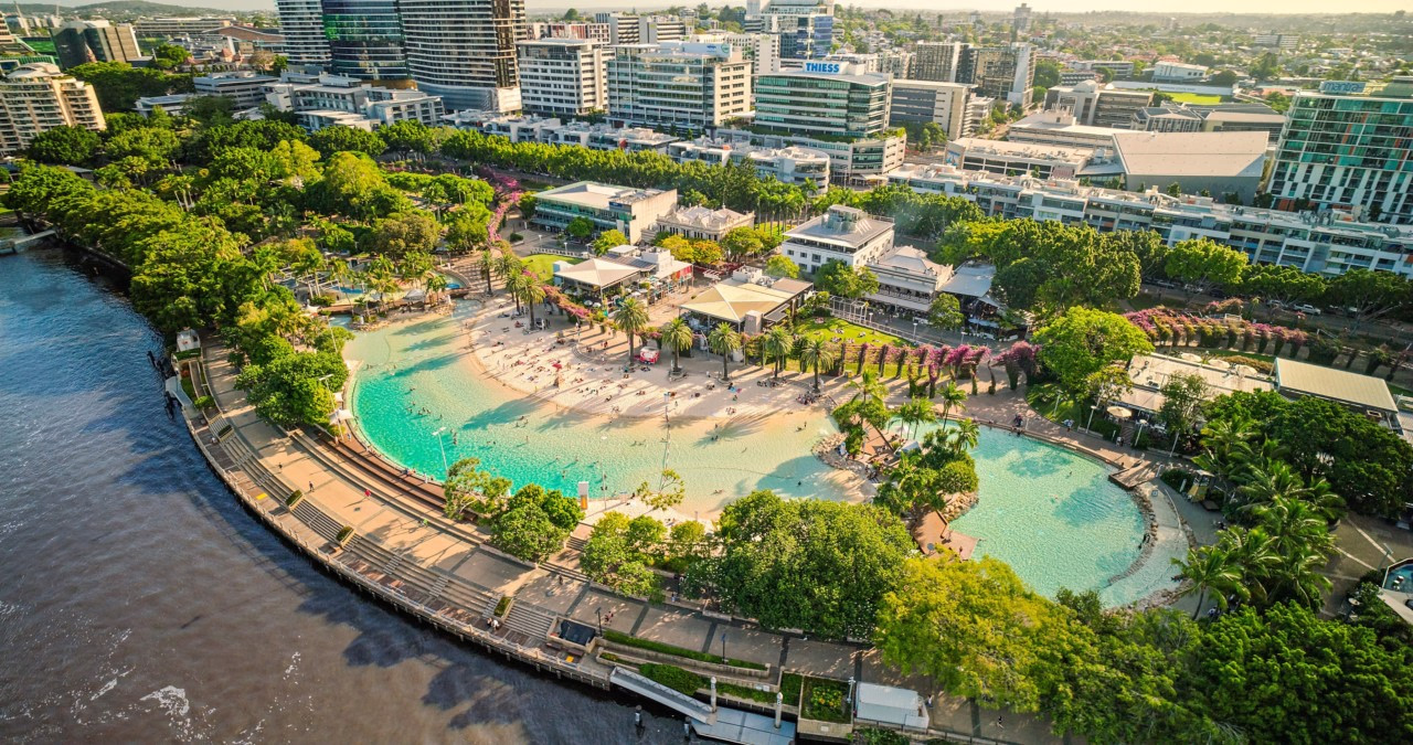 South Bank Parklands riverside walkways and gardens, flat sealed paths suitable for senior travellers