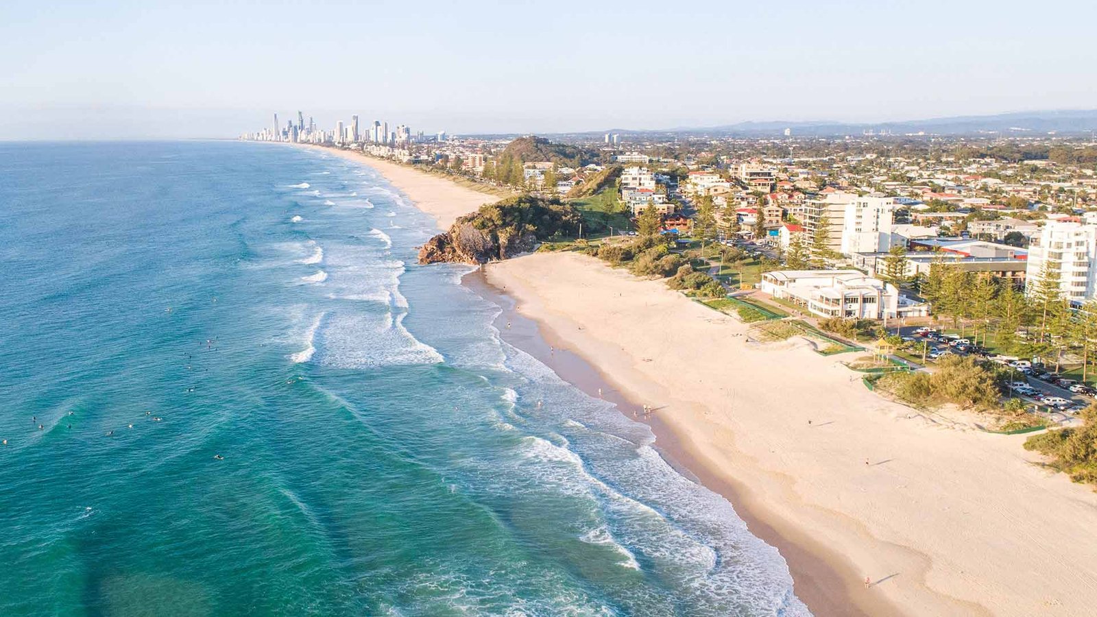 Burleigh Heads beach and rainforest headland on the Gold Coast at golden hour