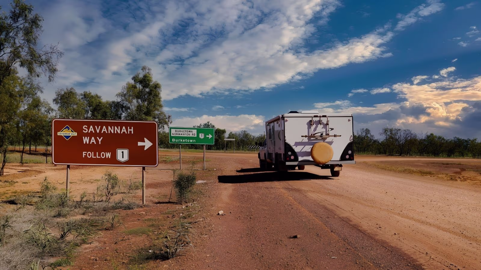Savannah Way remote outback road northern Australia flat horizon — Big Lap inland detour Cairns to Broome Gulf Country