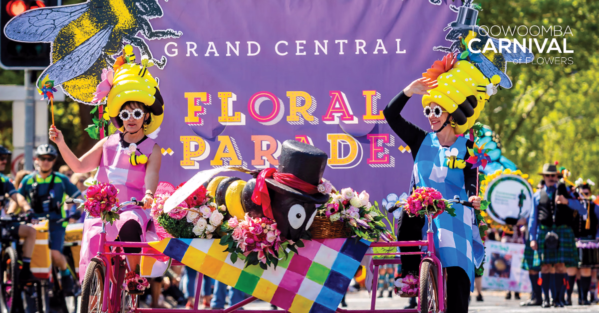 Flower-covered floats in the Grand Central Floral Parade, the Toowoomba Carnival of Flowers' biggest set piece