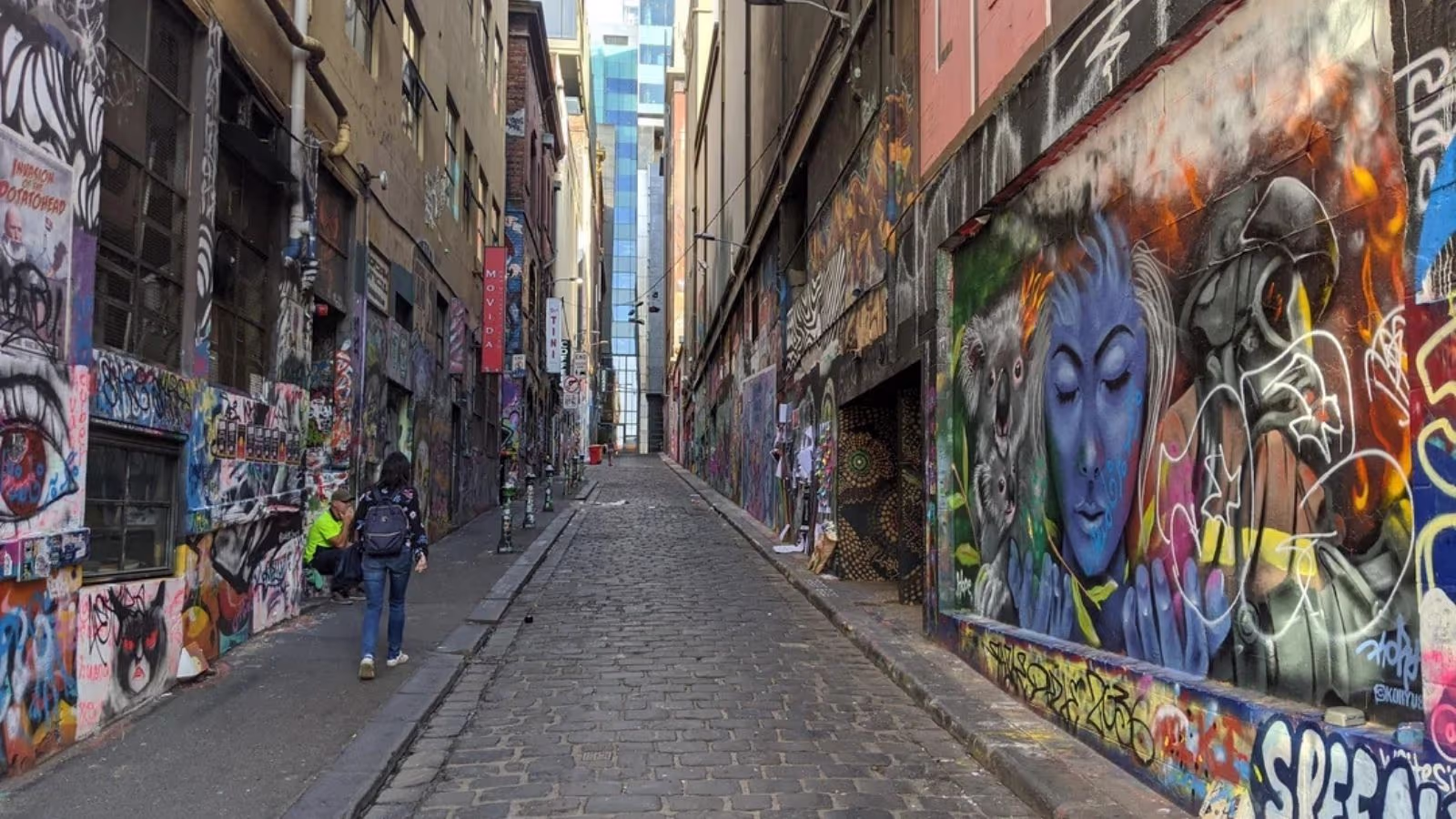 Street art covering both walls of Hosier Lane in central Melbourne, the city’s open-air bluestone laneway gallery