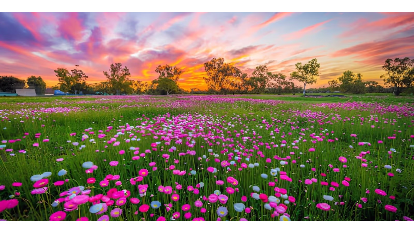 A carpet of pink and white everlastings flowering across open Western Australian scrub in spring